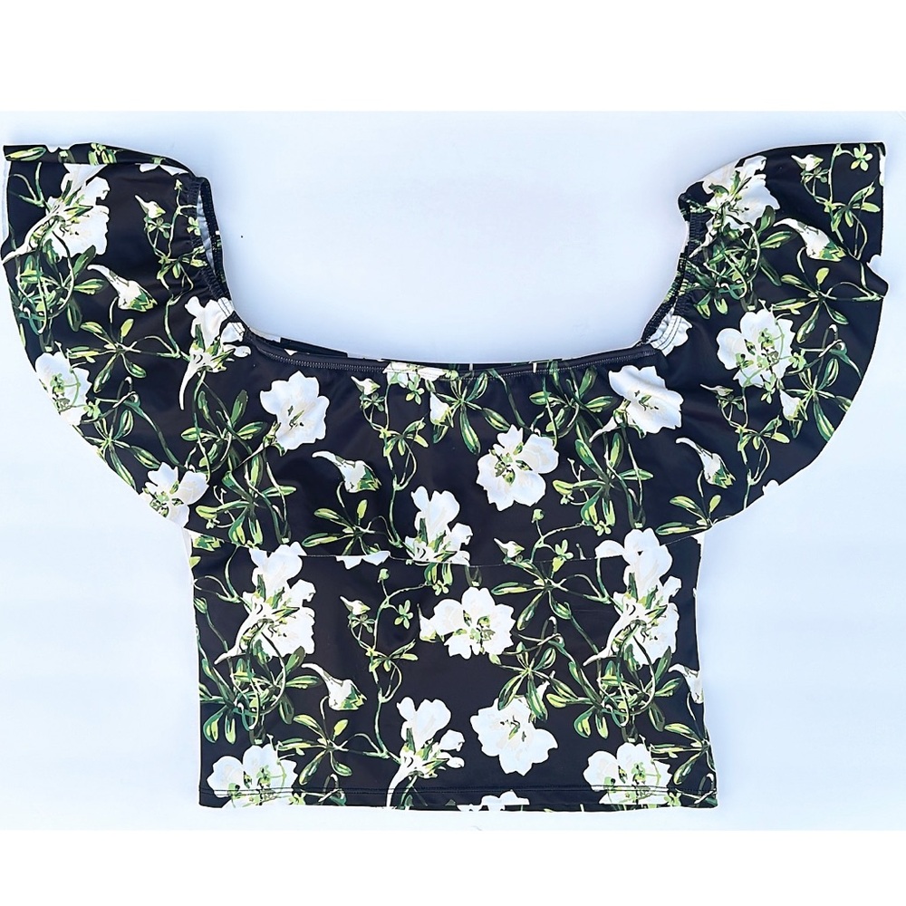 Kortni Jeane Ruffled Around Floral Print Bikini Swim Top Off The Shoulder Black